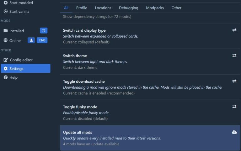 R2ModMan settings view highlighting bulk update for all mods