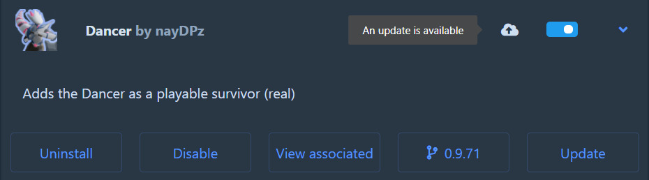 Single-mod update card inside the R2ModMan installed mods panel