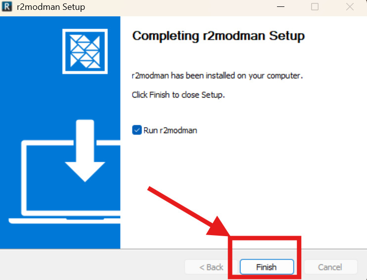R2ModMan setup finished dialog with option to launch the app