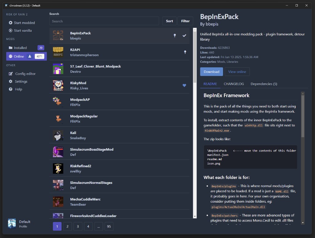 R2ModMan online catalog browser with dependency download controls