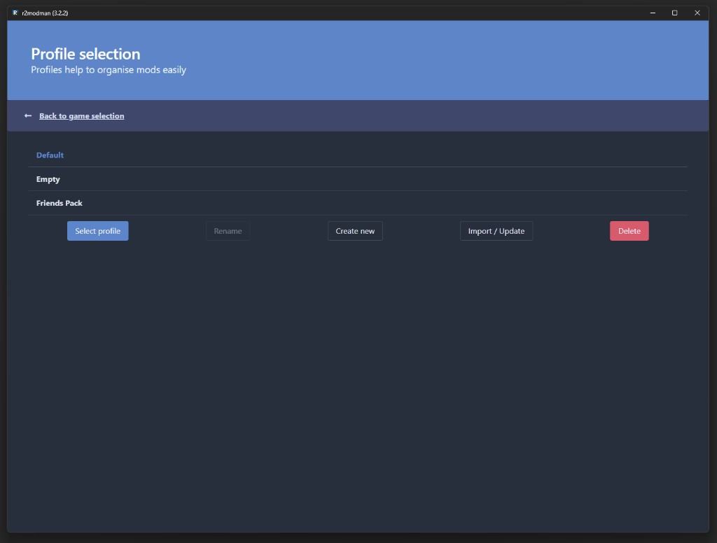 R2ModMan profile workspace listing separate mod loadouts