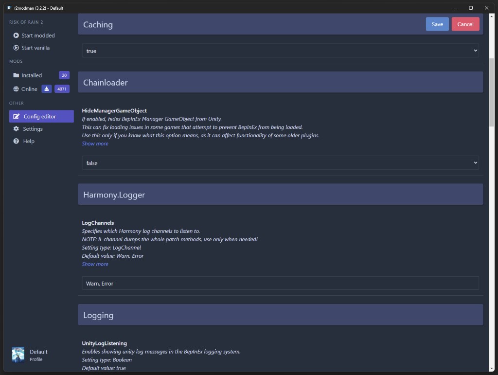 R2ModMan built-in configuration editor for BepInEx options