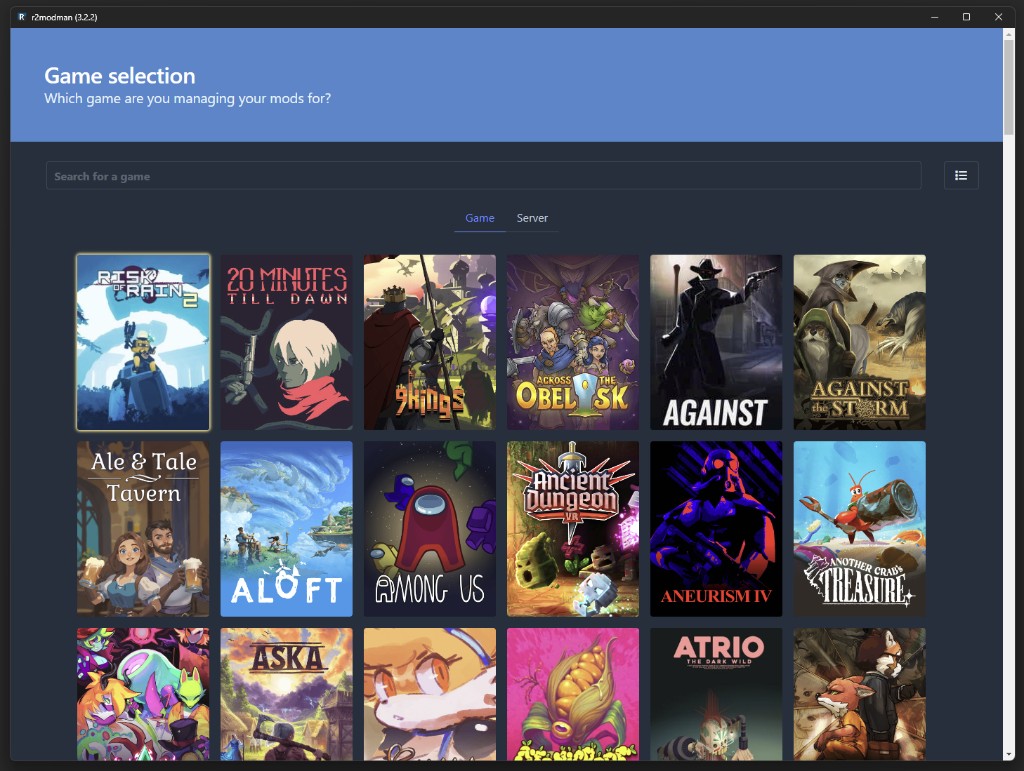 R2ModMan game selection grid with search across Thunderstore titles